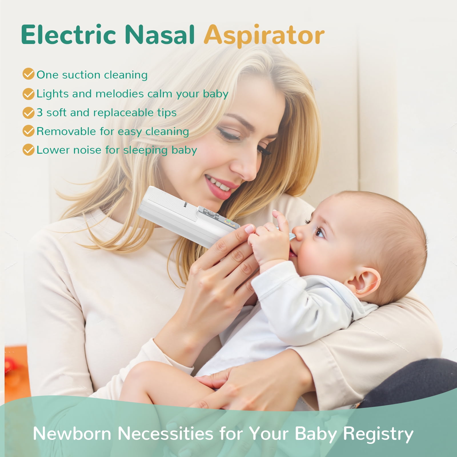 Skdwakiz Nasal Aspirator for Baby, Electric Baby Nose Sucker, Automatic Toddlers Nose Cleaner with 5 Suctions Power, 3 Silicone Tips, 3 Music Modes & Light Soothing Function