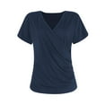 thumbnail image 4 of GceSteap Women's Summer Tops Short Sleeve Slim Fitted Deep V Neck Cross Wrap Tunic T-Shirt Side ruched Shirring Tees Navy M, 4 of 8