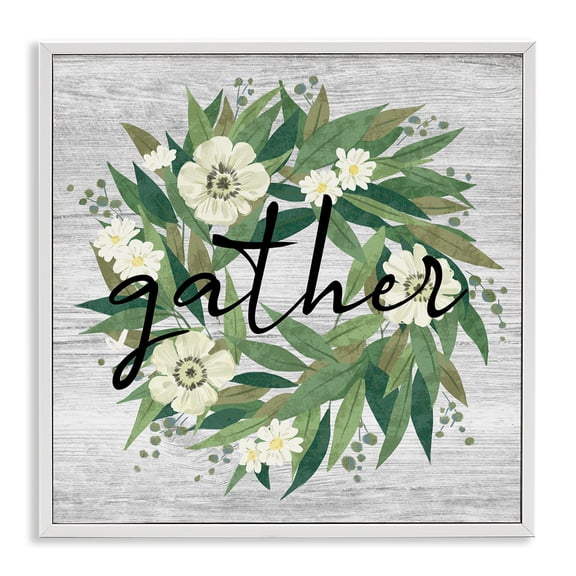 Stupell Industries Farmhouse Gather Calligraphy Wreath Country White Botanicals Blossoms White Framed Giclee Art, 12 x 12, by Ziwei Li
