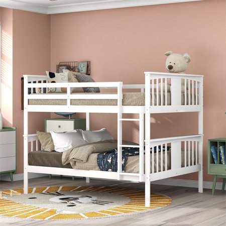 Full Over Full Bunk Bed with Removable Ladder for Kids Teens Bedroom Space Saving Bunk Bed Solid Wood Bunk Bed Frame with Guardrail Can be Separated into 2 Beds No Box Spring Required White