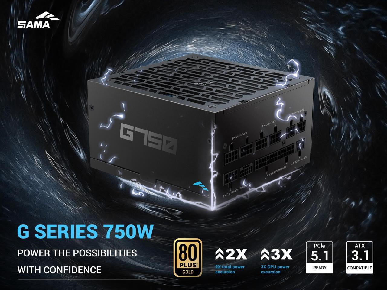 SAMA G750W ATX 3.1 Power Supply, 750W, Cybenetics Gold Standards, PCIe 5.1 Ready, Full Modular, Japanese Capacitors, FDB Fan, Black Version