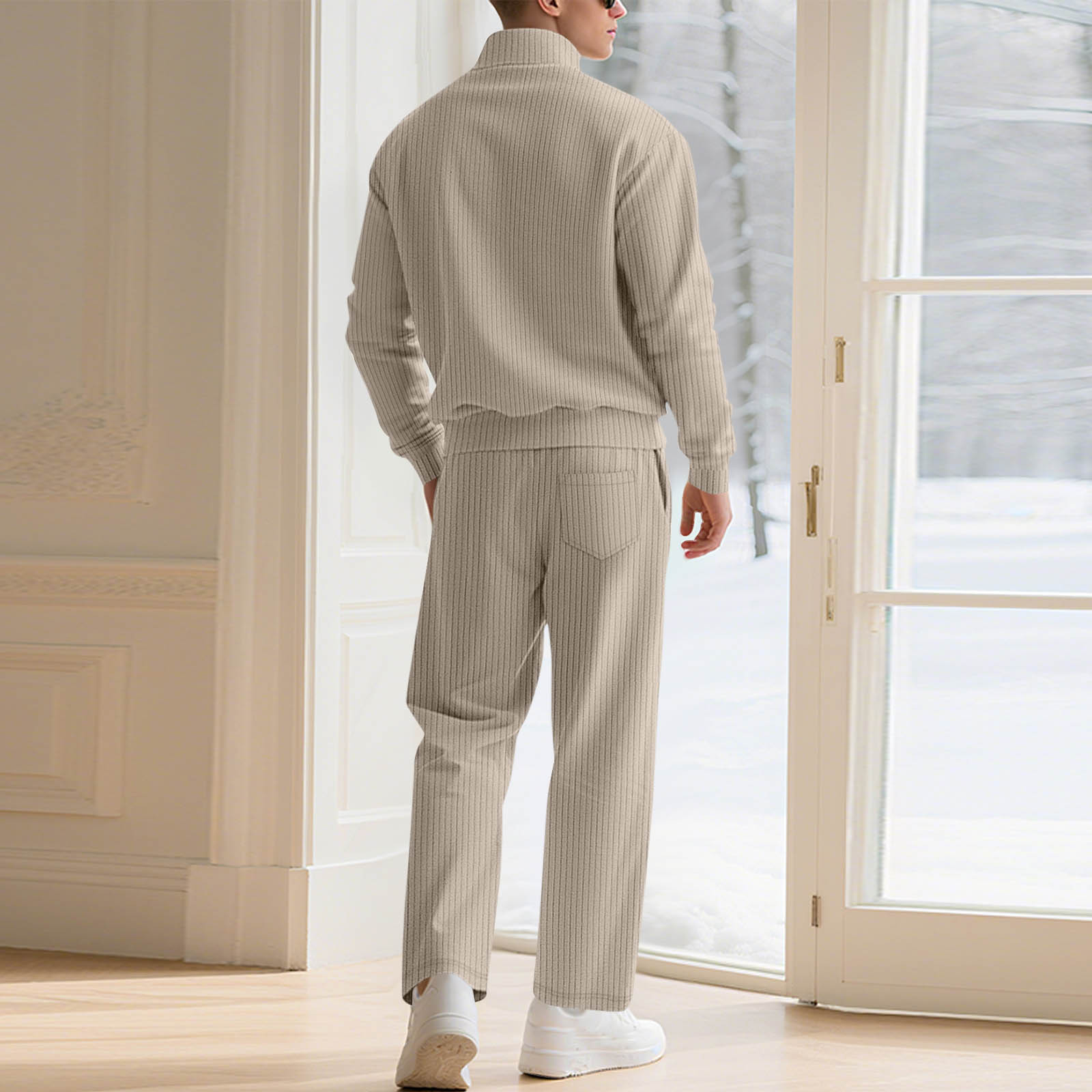 Men's Ribbed Tracksuit Sets Casual Stand Collar Sweatshirt and Straight Leg Sweatpants Suits