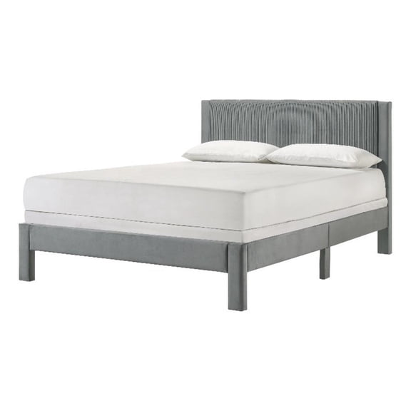 Cery Queen Size Platform Bed- Light Gray Upholstery Textured Headboard