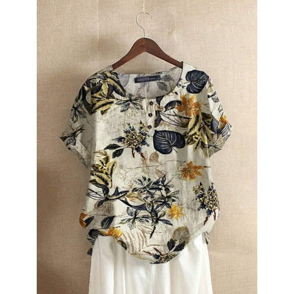 ZANZEA Woman Holiday Floral Printed Short Sleeve Crew Neck Top Blouse