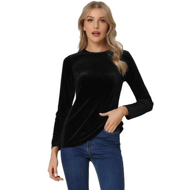 INSPIRE CHIC Blusa casual de terciopelo de manga larga con cuello redondo para mujer Negro L