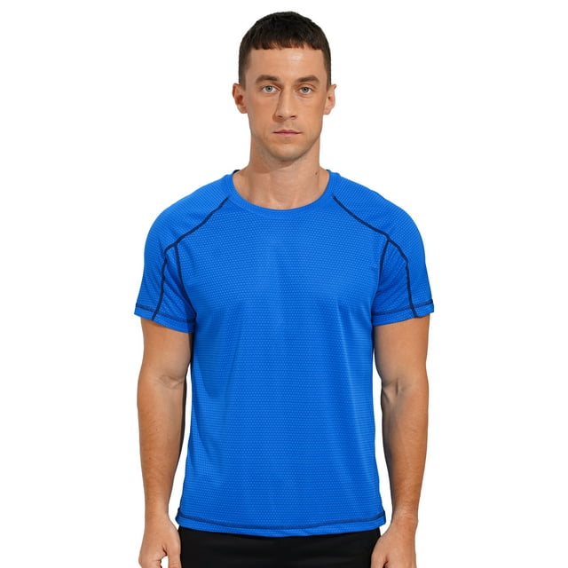 Kvysinly Mens Swim Rash Guard Tops Athletic Sport Shirts Short Sleeve T Shirt Muscle Tee Quick Dry UV Sun Protection Tee Lake Blue 5XL
