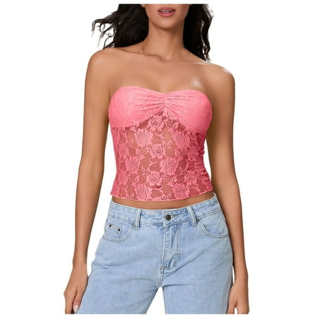 2DXuixsh Women s Tube Tops Going Out Bandeau Strapless Tank Bustier Corset Lace Tube Tops Backless Floral Mesh Bandeau Crop Top Patchwork Outfits Tops Pink Size S