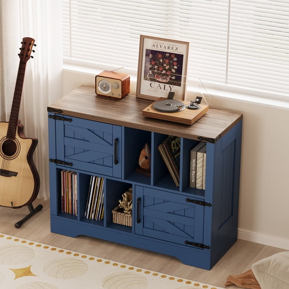 Record Player Stand – Vinyl Storage Cabinet – 39" Wood – 2 Barn Doors – Holds 450 Albums – Farmhouse Media Console – Living Room, Bedroom & Office