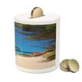 thumbnail image 3 of Beach Piggy Bank, View on Cala Algaiarens from Sand Pathway Cliff in Water Menorca Island Europe Theme, Ceramic Coin Bank Money Box for Cash Saving, 3.6" X 3.2", Multicolor, by Ambesonne, 3 of 4