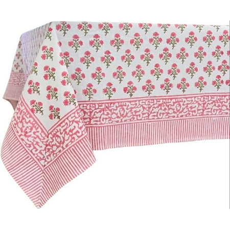 

Gulbahar White Pink 100% Cotton Tablecloth Hand Block Print Floral Rectangle Table Cloth for Kitchen Dining Table I Parties Thanksgiving Christmas Wedding Fall Table Linen 60 X 90 Inches