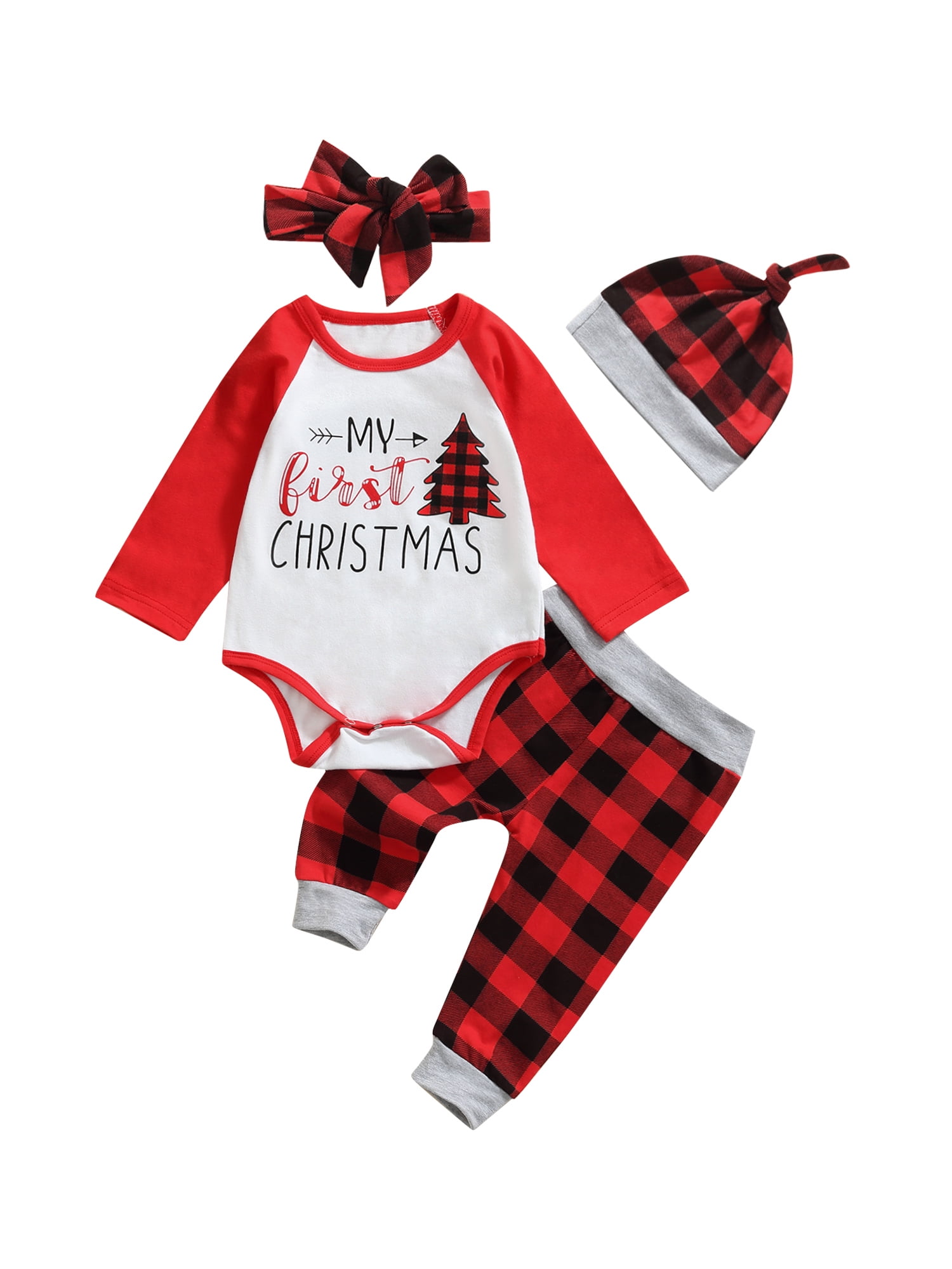 My 1st Christmas Baby Boy Girl Newborn Xmas Clothes Romper+Plaid Pants Outfits 
