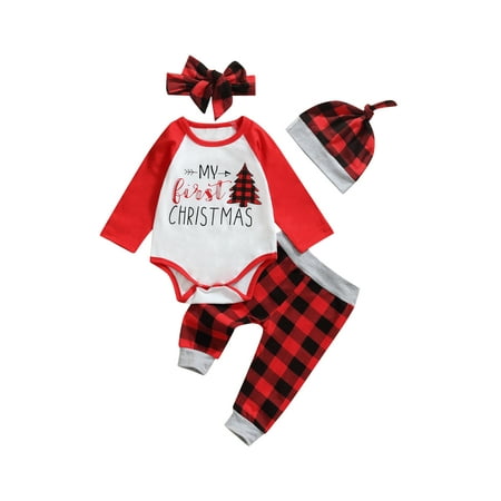 

Caitzr 4Pcs Christmas Baby Girls Boys Outfit Tree Letter Printing Long Sleeve Round Collar Romper Plaid Pants Cap Headwear Set