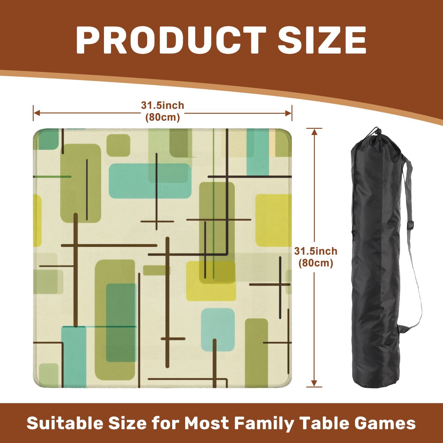 Mahjong Mat 31.5" x 31.5" Retro Geometric Rectangles Lines Green Blue Tones Non-Slip Noise Reduction American Mahjong Tiles Table Cover for Dominoes Poker Card Board Games Gift