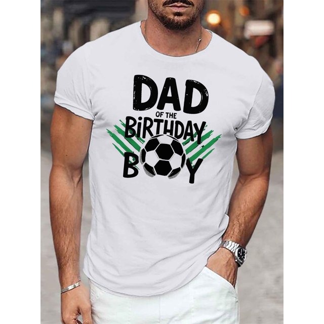 Dad of the Birthday Boy Soccer Graphic T-Shirt – Men's Casual Summer Tee, White with Black & Green Print, Short Sleeve, Cotton Blend, Machine Washable
