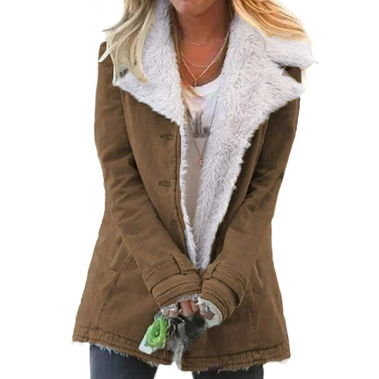 Eytino Womens Sherpa Coat Lapel Fleece Lined Jacket Winter Warm Button Down  Hooded Coat Outerwear with Pocket 