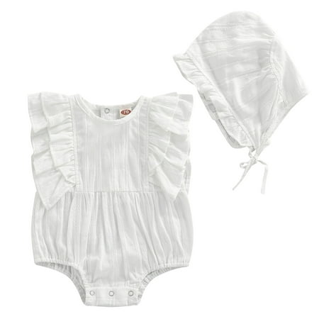 

Gwiyeopda 0-24 Months Girl Baby Sleeveless Ruffle White Romper and Hat Two-Piece