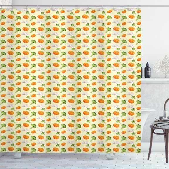 Vegetable Art Shower Curtain, Cute Broccoli Garlic Pumpkin Vegetable Food Yummy Kitchen Vegan Diet Theme, Fabric Bathroom Set with Hooks, 69W X 75L Inches Long, Multicolor, by Ambesonne