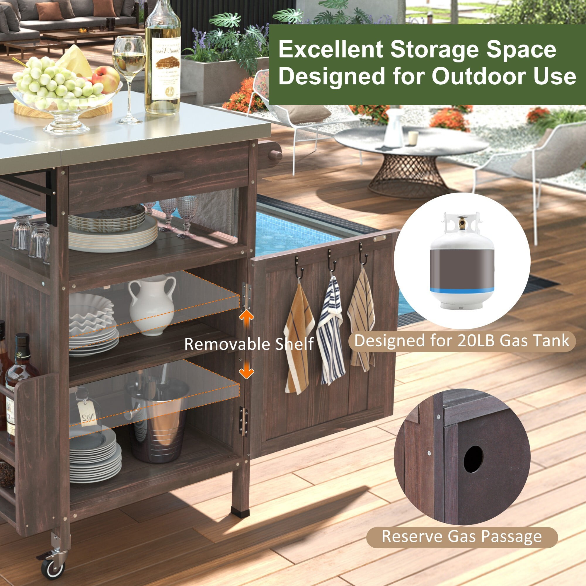 AENKYO Outdoor Grill Cart with Stainless Steel Top, Drop Leaf, Cabinet & Wheels, BBQ Prep Table for Patio & Backyard, Brown