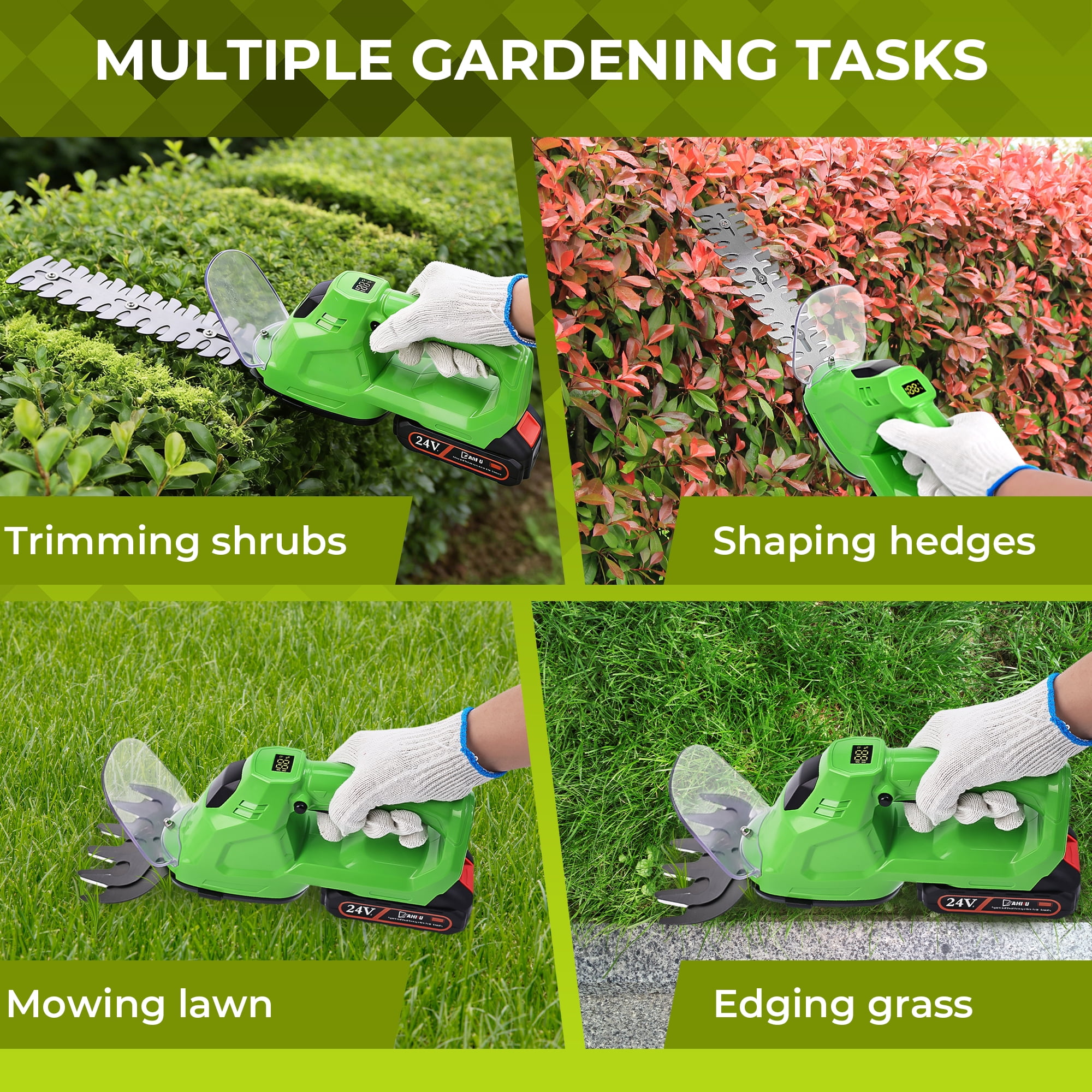 HOTREE Cordless Hedge Trimmer, Grass Shear, 2-in-1 25000 RPM, Battery Level Indicator, for Shrubs, Gardens, Patios, and Lawns
