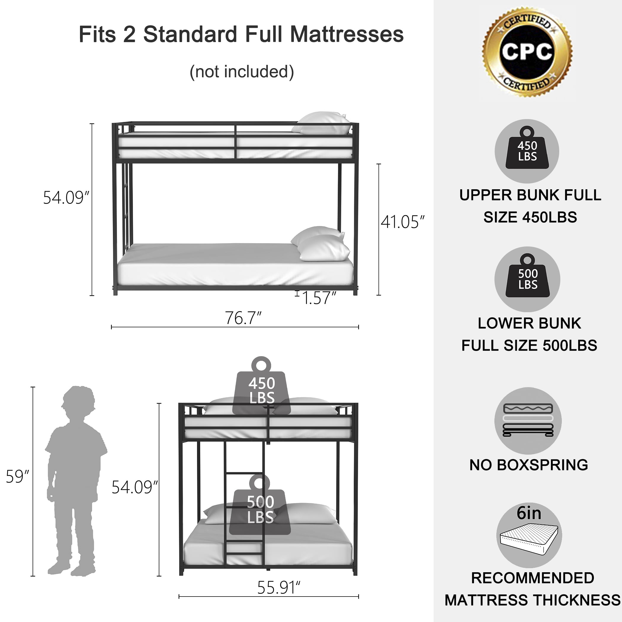 Miniyam Full over Full Metal Bunk Bed with Safety Guardrails, Ladder for Teens, Black