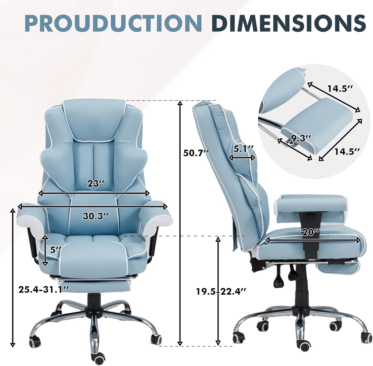 Homrest 6-Point Massage Executive Office Chair for Adults, Heated Ergonomic Home Desk Chair with Adjustable Footrest, Armrests & Backrest (Airy Blue)