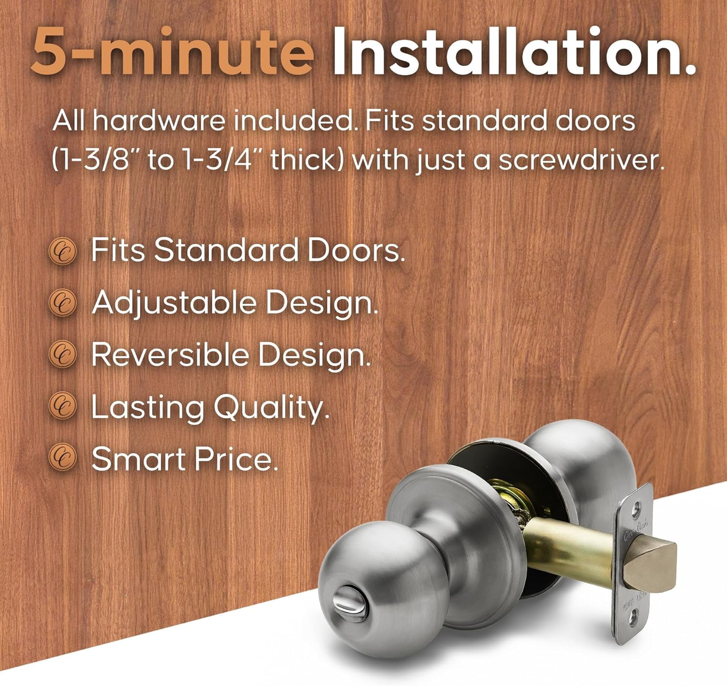 Privacy Interior Door Knob – ANSI Grade-3 Certified, Modern Heavy Duty Handle, Easy Install and Reversible for Bedroom, Bathroom & Closets – Satin Stainless (1 Pack)