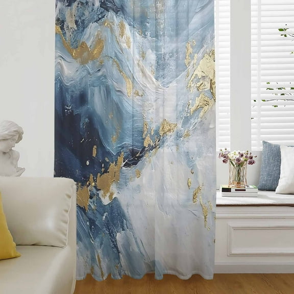 Blue Oil Painting Semi Sheer Curtains Drapes for Living Room, Bedroom, French Doors Window 72 Inches Long, Modern Marble Art Abstract Rod Pocket Chiffon Curtain Drapery Voile Draperies Panel