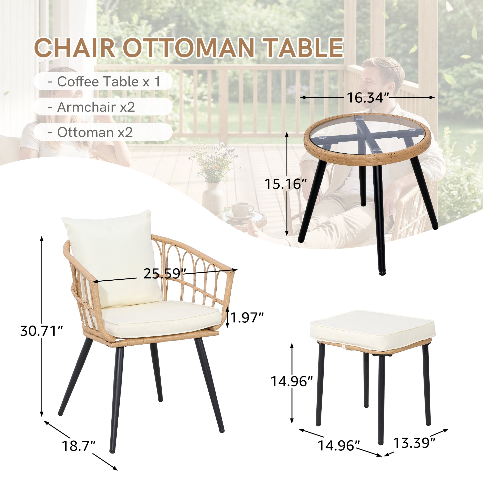 5 Piece Patio Furniture Set, Outdoor Wicker Small Bistro Set, All-Weather PE Rattan Patio Conversation Set with Ottoman & Coffee Table for Balcony Porch Deck Yard Poolside