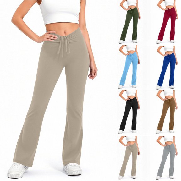 Smsaxvxz Womens Drawstring Tie Flared Yoga Pants Casual High Waist Workout Yoga Pants Beige L