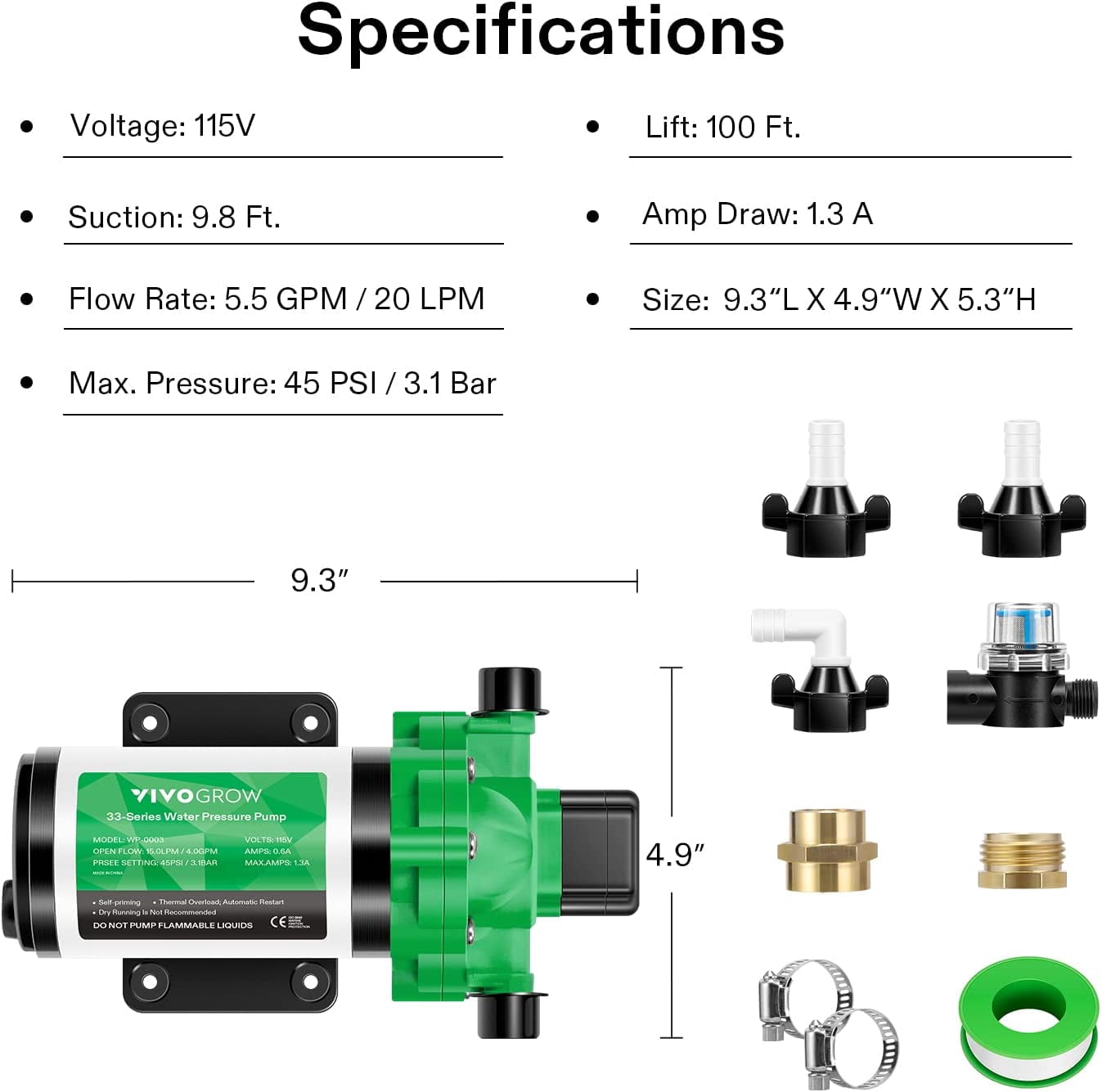 VIVOGROW Water Pressure Pump, 115VAC 4 GPM 45 PSI Diaphragm Water Pump/Strainer for Bathrooms, Kitchens, RVs, and Yachts (Fixable)