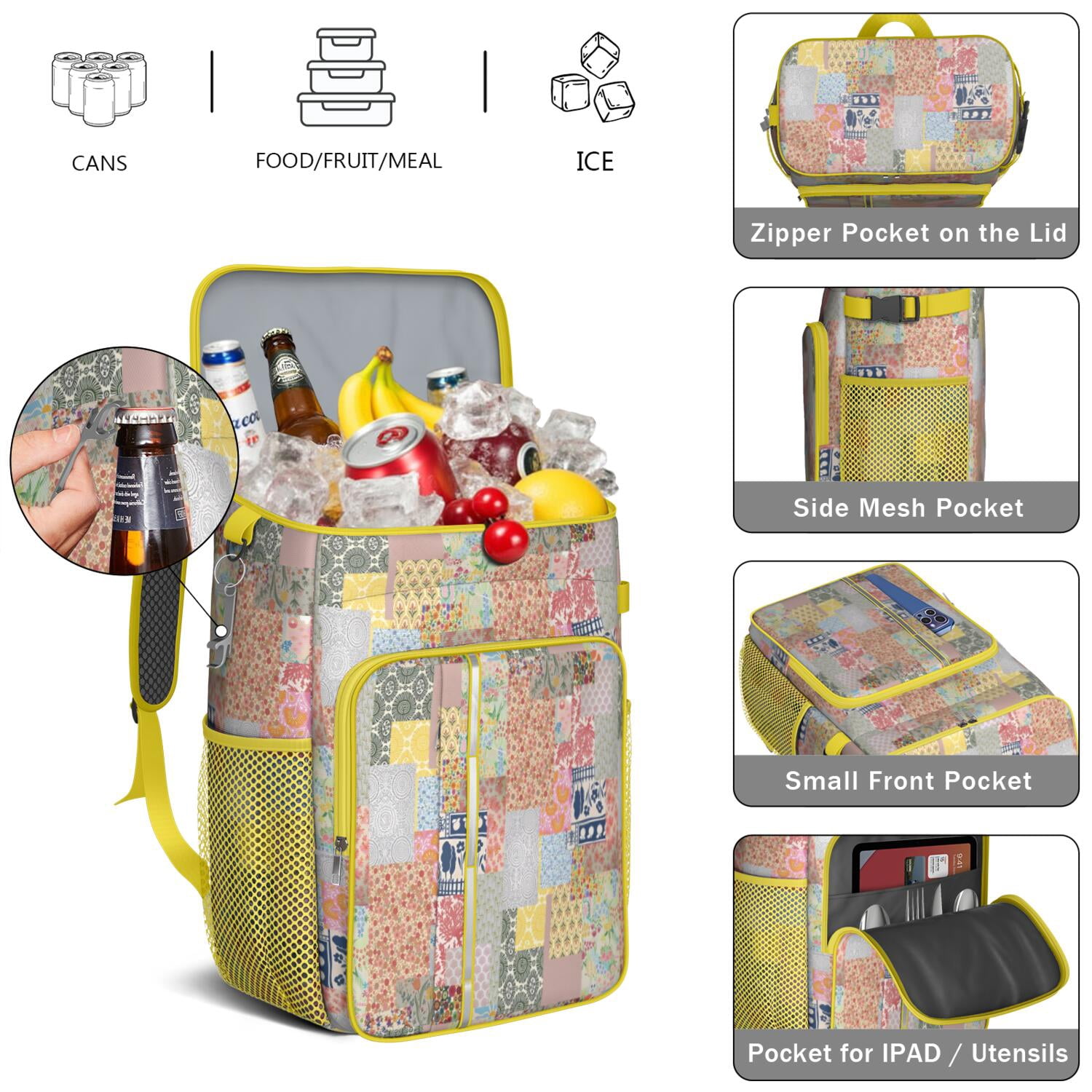 Travel Cooler Bag - Pioneer Flower Camping Beer Cooler Backpack with Bottle Opener- Waterproof Insulated Picnic Backpacks - Cooler Bag for Beach
