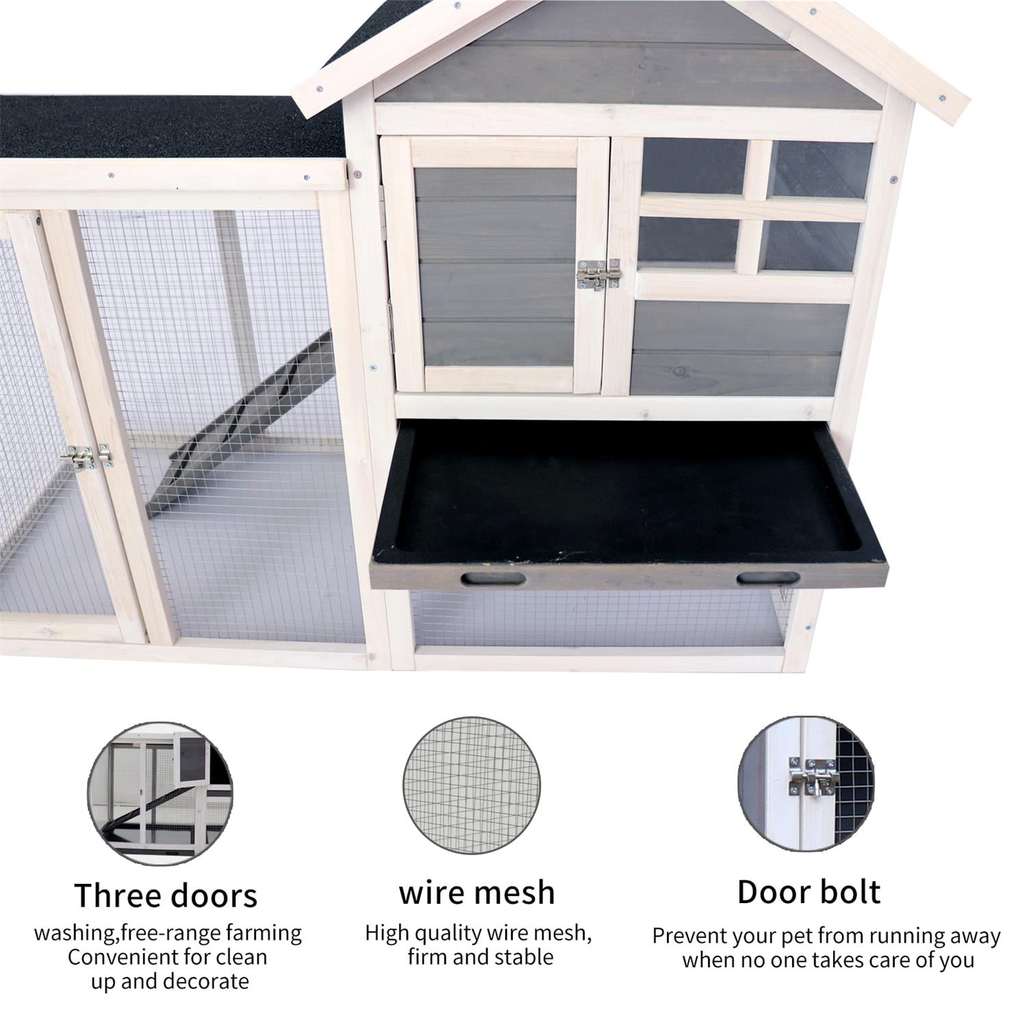 Pefilos 61" 2-Tier Rabbit Hutch Hen House for 2 Chicken Coop, Outdoor Bunny Cage for Backyard, Solid Wood Pet House, Gray Pefilos 61" 2-Tier Rabbit Hutch Hen House for 2 Chicken Coop, Outdoor Bunny Cage for Backyard, Solid Wood Pet House, Gray