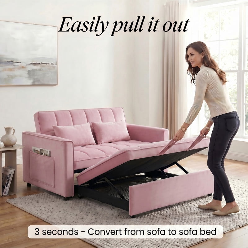 Gewnee 55" Sofa Bed, Convertible Sleeper Sofa & Pull Out Couch, 3-in-1 Velvet Loveseat with Adjustable Backrest and Storage Pocket, Pink