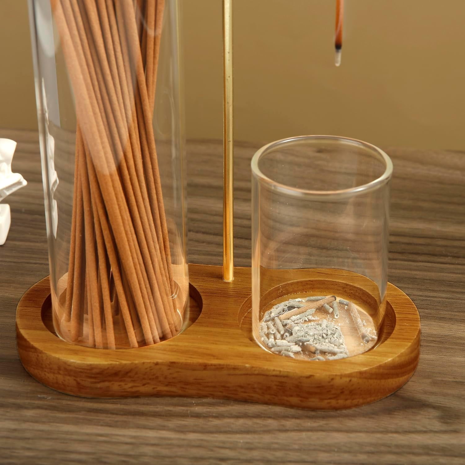 2-in-1 Incense Holder and Ash Catcher with 4.3oz Glass Jar, Dark Bamboo Base , Meditation Accessories for Yoga, Spa, Home Decor