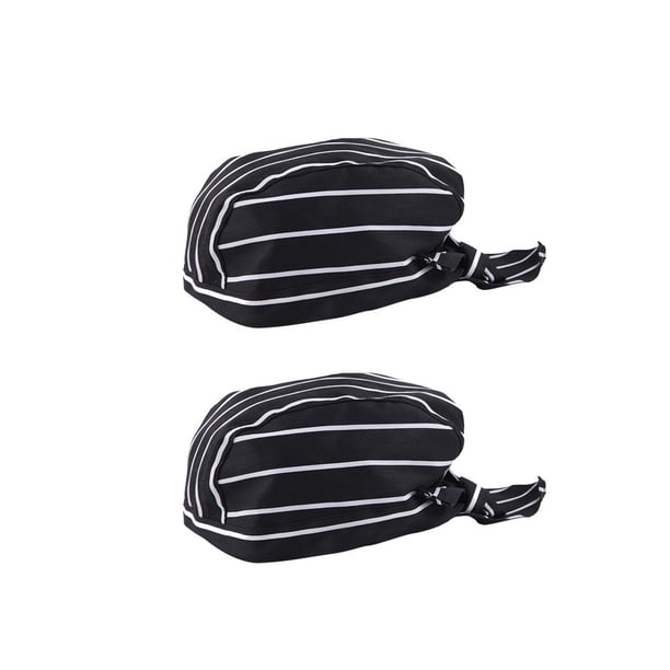 2 piezas de gorro , gorro de , panadero de cocina con lazo en la espalda, tamaño ajustable, , rayas blancas y negra shamjiam Gorra de chef con lazo en la espalda