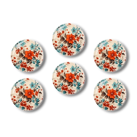 Glass Refrigerator Magnet 6Pcs Magnetic Fridge Sticker,Decor for Kitchen,Whiteboard,Cabinet,Vintage Floral Pattern With Turquoise And Orange Flowers