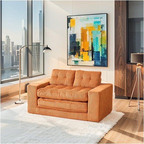 JERFIT 2-in-1 Convertible Loveseat Sofa Bed with Memory Foam, No Assembly Required, Corduroy Fabric Sleeper Couch for Small Spaces, Apartments, Dorm, Office & Bedroom, Orange