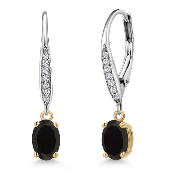 Gem Stone King 925 Silver and 10K Yellow Gold Black Onyx and Lab Grown Diamond Dangle Earrings for Women | 0.90 Cttw | Gemstone December Birthstone | Oval 6X4MM