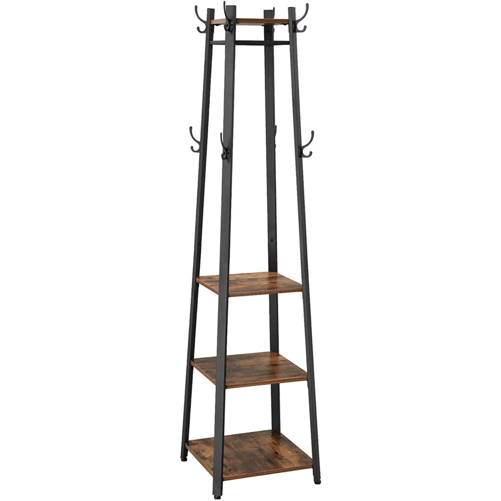 VASAGLE Coat Rack, Coat Stand with 3 Shelves, Rustic Brown and Black