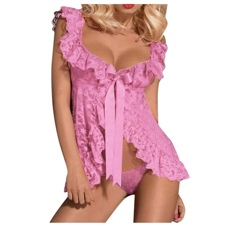 Odeerbi Women s Lingerie Dress Set 2025 Valentine s Day Sexy Lace Sexy Lingerie Underwear Sexy Lace Underwear Nightgown Set Pink