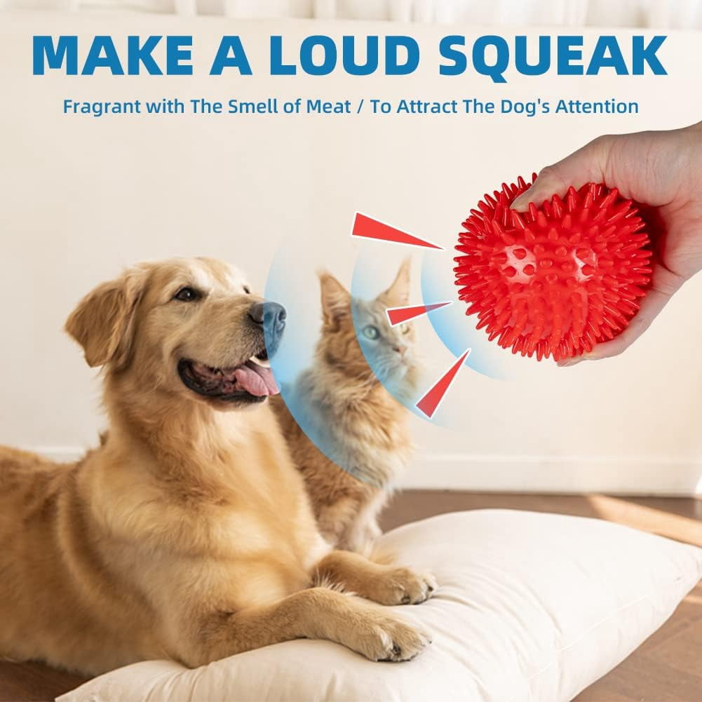 4.5” Heavy Duty Squeaky Dog Balls Toys for Medium Large Dogs 4 Pack Indestructible Dog Toys for Aggressive Chewers Spike Dog Balls for Clean Teeth and Training Dog Toys for Boredom and Stimulating