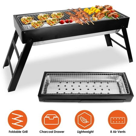 Moclever Foldable BBQ Grill  22x9x12in Portable Barbecue Grill with Stainless Steel Grill Net  Black