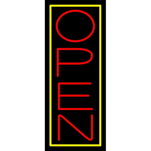 Red Open With Yellow Border Vertical LED Neon Sign 24 x 10 - inches, Black Square Cut Acrylic Backing, with Dimmer - Bright and Premium built indoor LED Neon Sign for storefront.