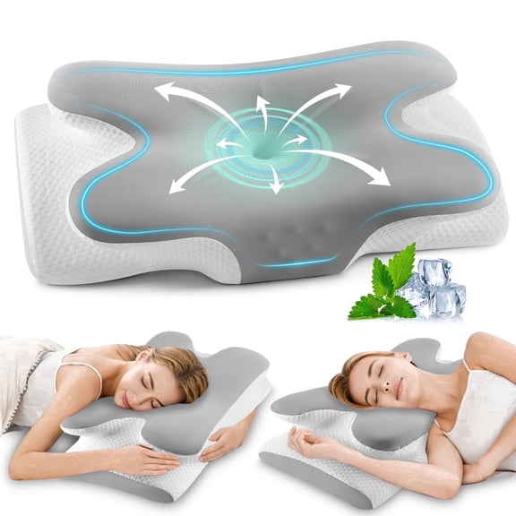 KAIPARA Ergonomic Cervical Neck Pillow for Pain Relief & Neck Support, 4-Corner Contour Orthopedic Memory Foam Pillows for Sleeping, Bed Pillow with Cooling for Side Back Stomach Sleepers, Grey White
