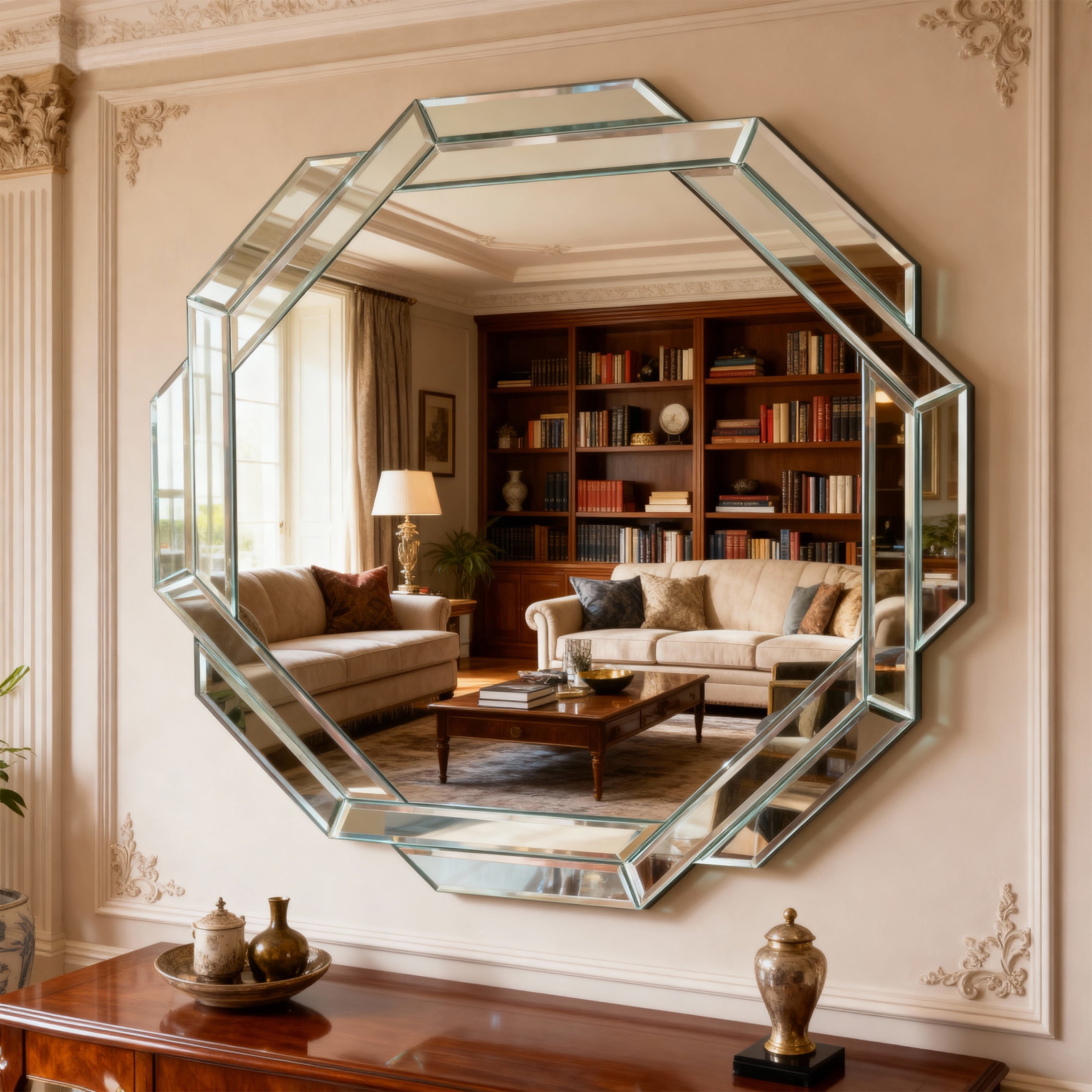 Noble House 29.92" Octagonal Wall Mirror, Frameless Beveled Edge Mirror for Living Room and Bathroom Decor,Silver
