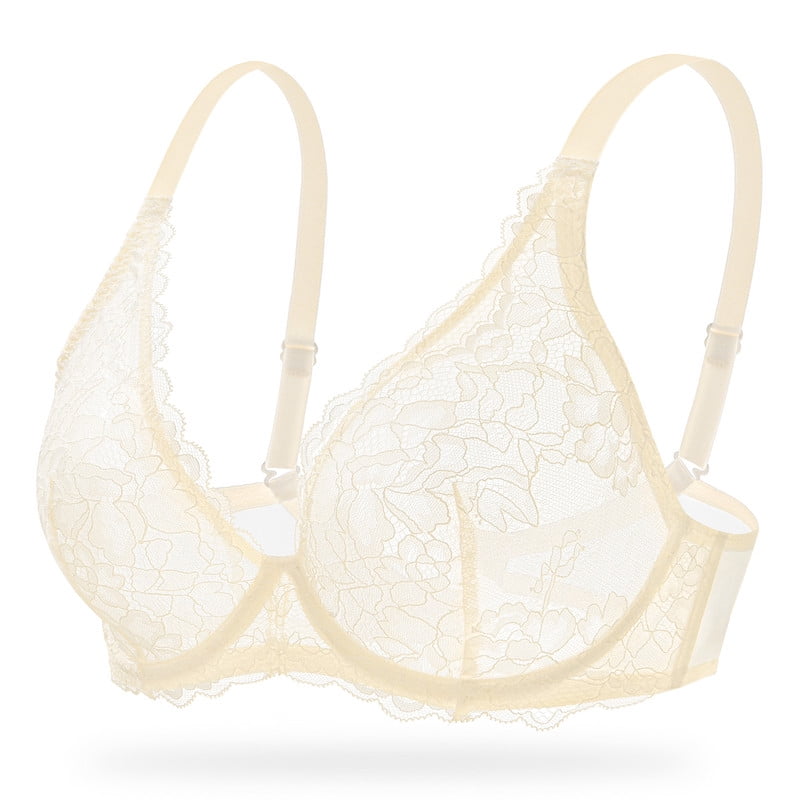 Wingslove Women's Sexy Sheer Lace Bra Underwire Unlined Plunge See Through Push Up Full Coverage Bra,Nude 34DD