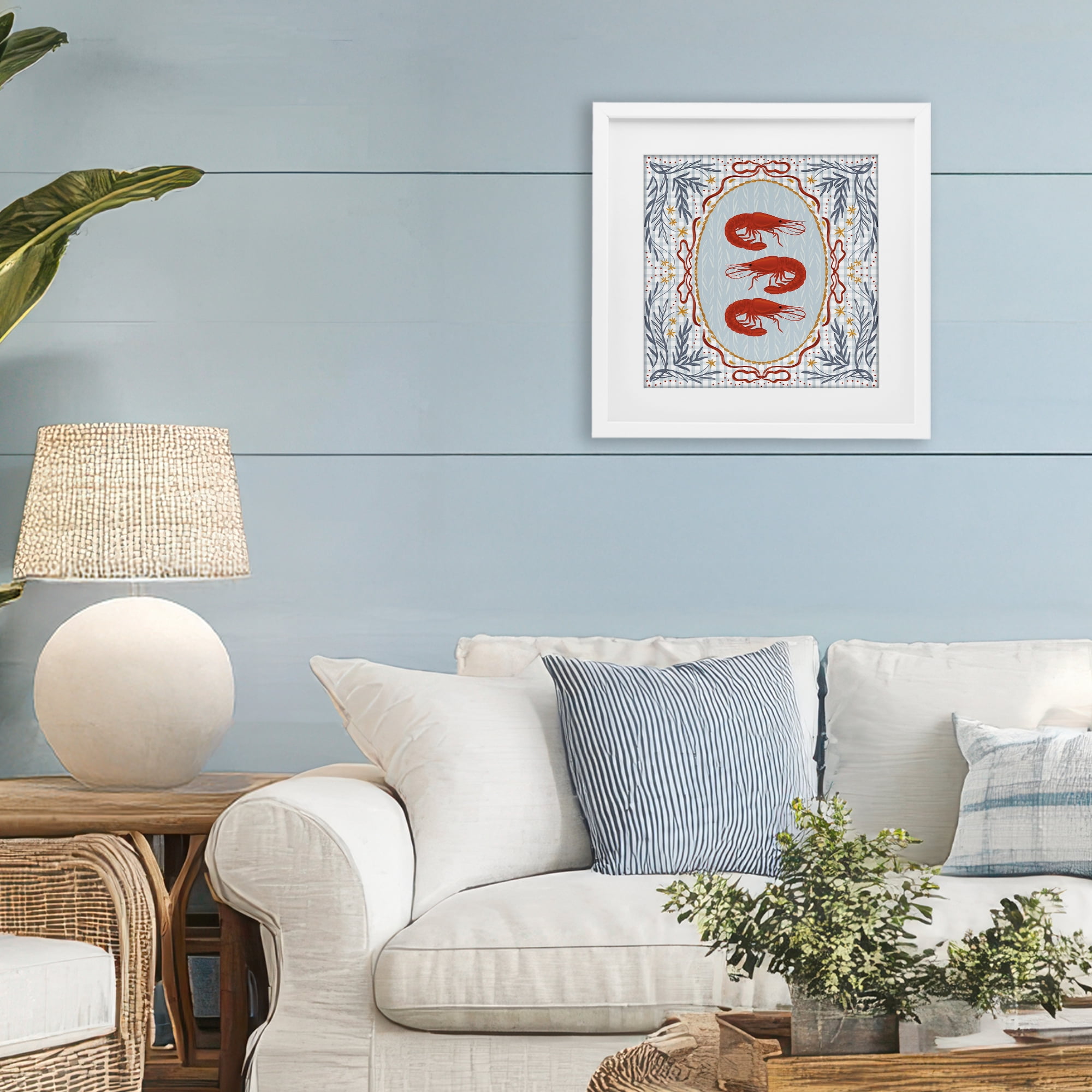Stupell Industries Prawn Trio on Blue Gingham White Framed Print Under Glass, design by Vero Illustrates