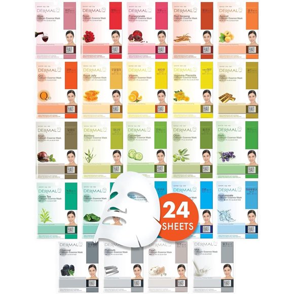 DERMAL Ensemble Combiné de 24 Feuilles de Masque Intégral à l'Essence de Collagène – Ensemble de Masques Faciaux Coréens, Soins Apaisants et Nourrissants pour Femmes et Hommes