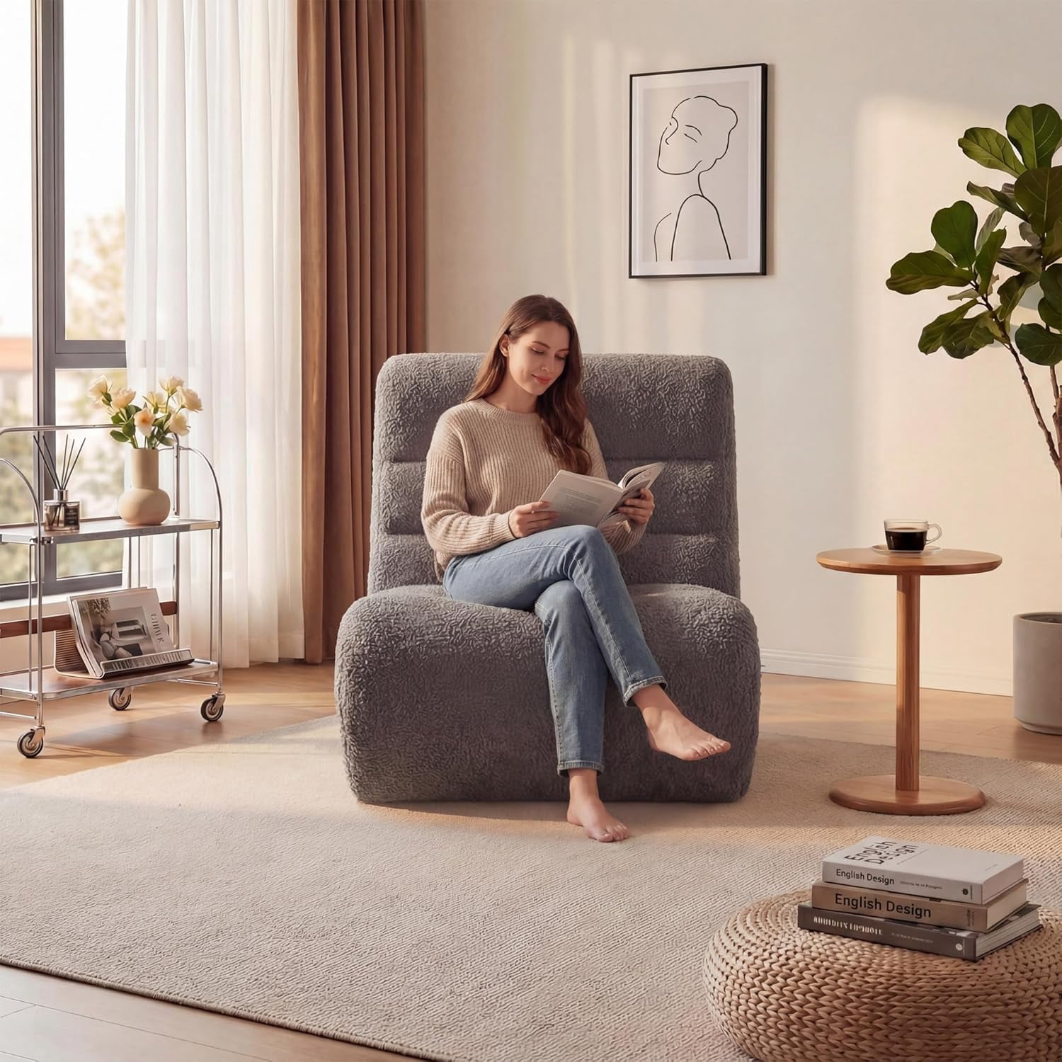 Springg Bean Bag Chairs for Adults, Chaise Lounge Chair Indoor with Memory Foam, Cozy Reading Chair with Convenient Movable Handle for Living Room, Apartment, Home Theater (Grey)