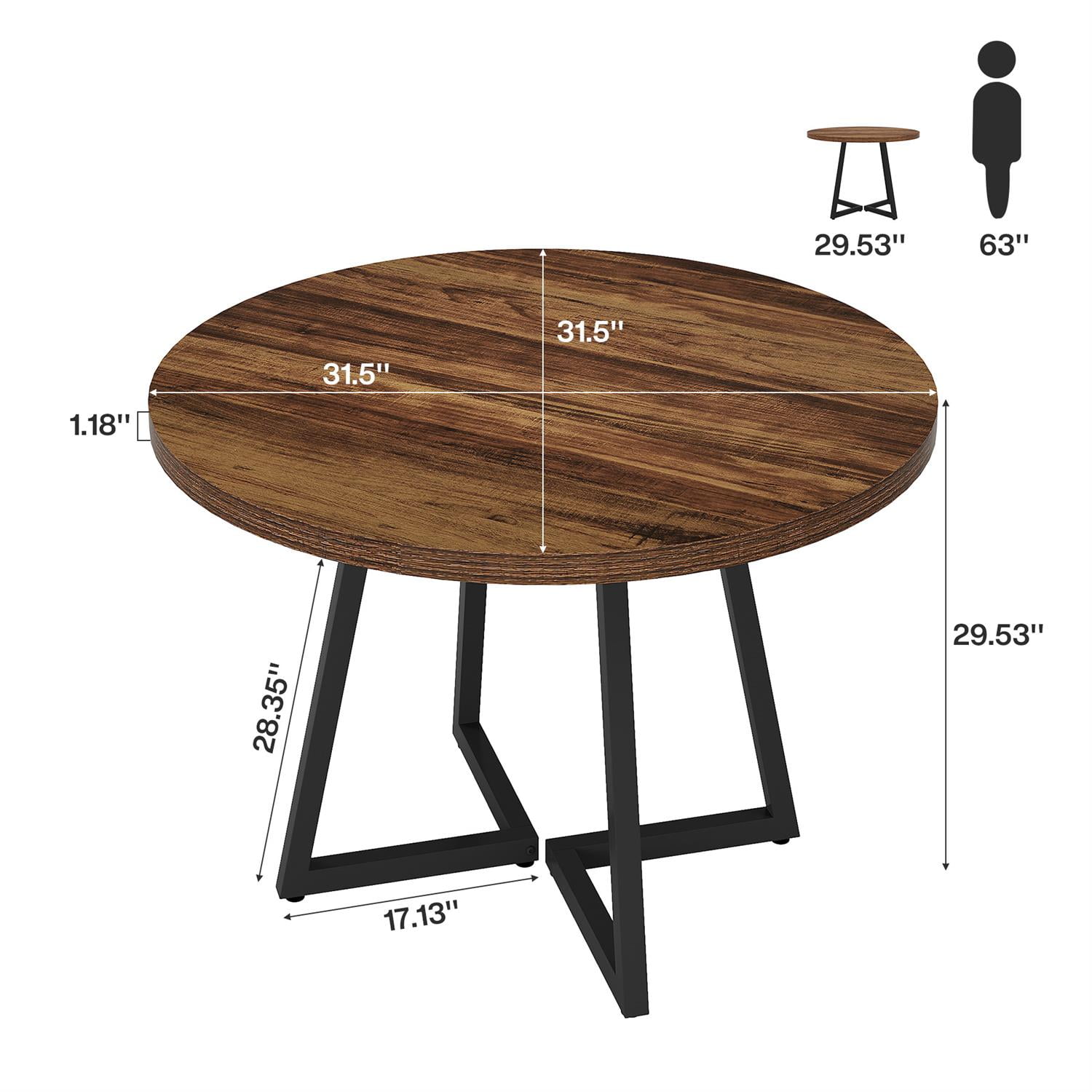 Demi Bonn 31" Rustic Round Dining Table, Wooden Top with Metal Base for Home, Family Dining, Sturdy & Elegant, Brown